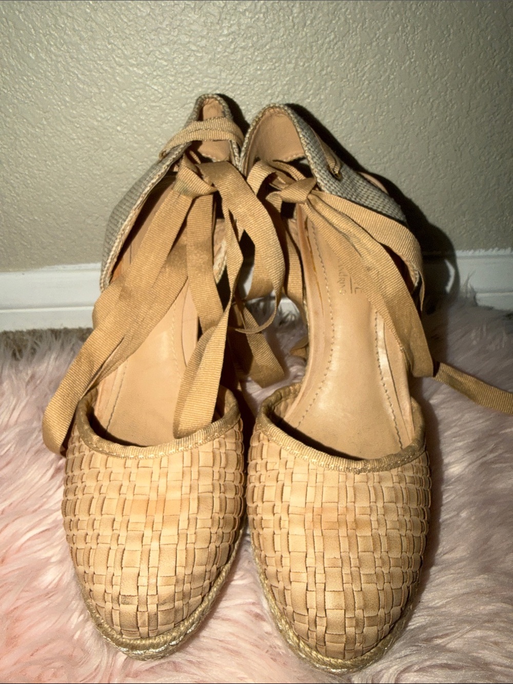 Catherine Malandrino Woven Tan Espadrille Wedges with Ankle Ties